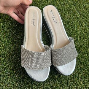 BAMBOO Silver Rhinestone Slide Mules